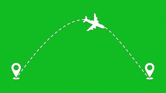 Animated airplane flying along a dashed path between two map location pins in this high quality travel motion clip footage