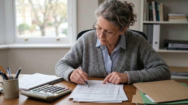 Bookkeeper reviewing a printed bank statement at a desk, financial review and account monitoring concept