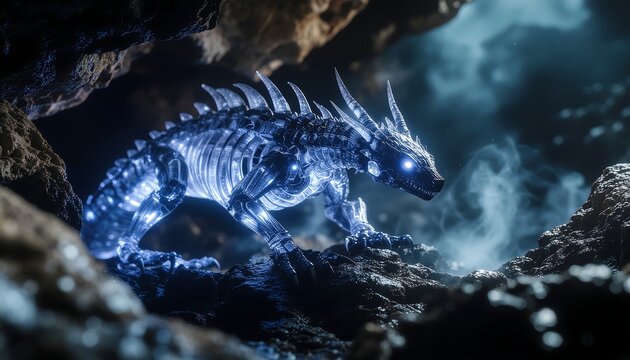 Otherworldly crystalline creature glowing with blue light in a dark rocky cavern fantasy beast