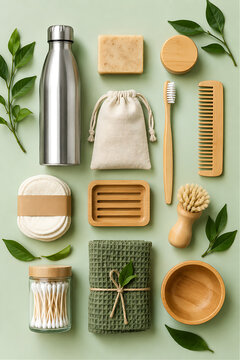 Eco Friendly Zero Waste Products in a Minimal Grid with Green Leaves