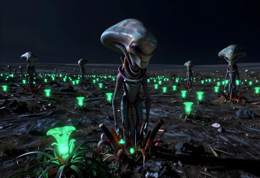 Extraterrestrial life and alien civilization, humanoid beings standing in a field of glowing bioluminescent flora on a dark mysterious exoplanet surface