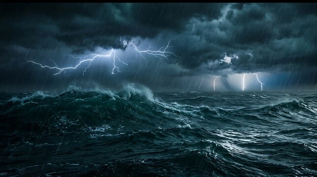 Dark stormy sea with lightning and waves