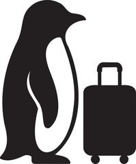 Penguin silhouette standing beside a rolling travel suitcase representing holiday vacation journeys or winter travel themes in a flat black graphic design isolated on white © MdSayem
