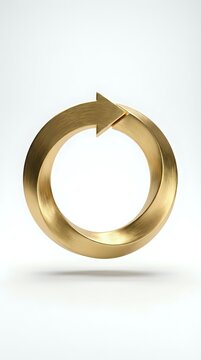 Metallic gold circular arrow symbol rotating clockwise on white background