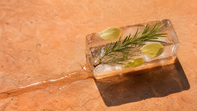 Bloc d&rsquo;herbes glac&eacute;es fondant sur une pierre chaude
