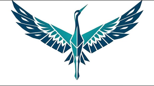 Stylized abstract geometric blue crane bird icon with wings spread wide