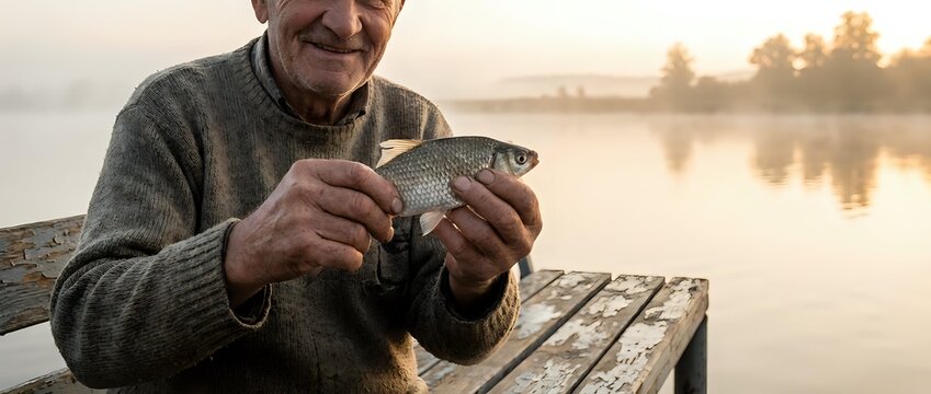 Senior man holding freshly caught fish on wooden dock at sunrise by calm lake