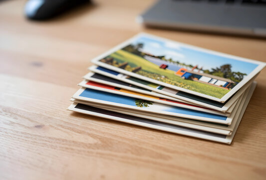 Travel memories and nostalgia, stack of vintage postcards on a wooden desk with laptop for vacation planning and holiday inspiration in home office