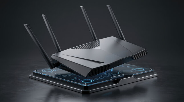 Modern wireless router and modem hardware with circuit board antenna system providing high speed internet network connectivity on dark blue futuristic background.
