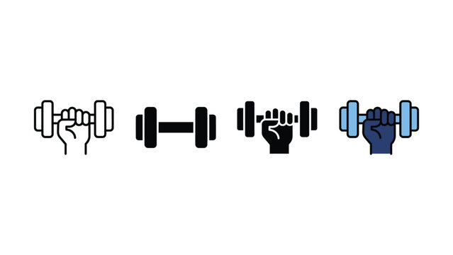 Set of vector dumbbell icons featuring human hand lifting weights in various styles