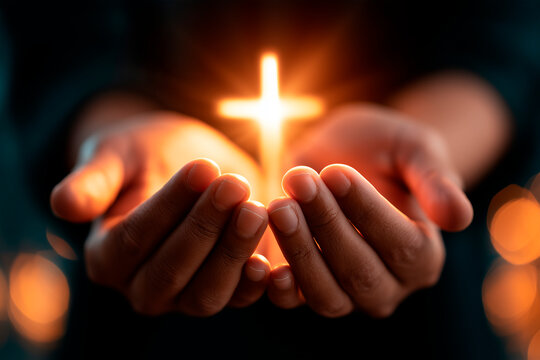 Human hands open palms up to worship hope with the Cross is a symbol of Christianity.Concept Religion and spirituality with believe Power of hope or love and devotion. fighting and victory for god