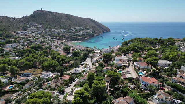 Vista aerea con dron de la cala de El Portet en Moraira, Alicante