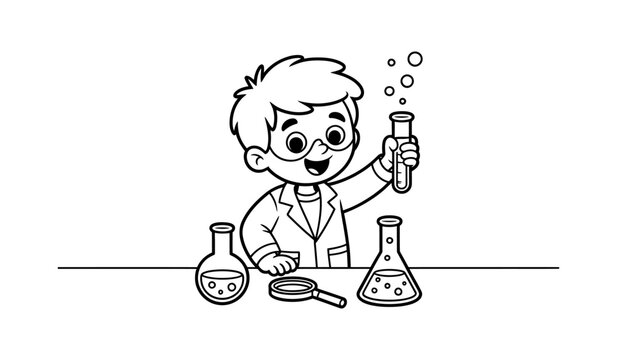 Little boy scientist doing chemistry experiments in laboratory