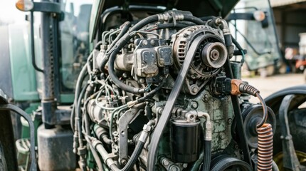 Fototapeta premium Modern tractor engine bay fitted with IoT sensor pods, oil filter, belt drive and diagnostic cable
