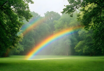 Obraz premium Hope and optimism concept, double rainbow over a lush green forest meadow after rain, nature landscape with atmospheric weather phenomenon and light