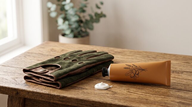 Gloves and hand cream on wooden table, Gardening gloves and hand cream on rustic wooden table by window  