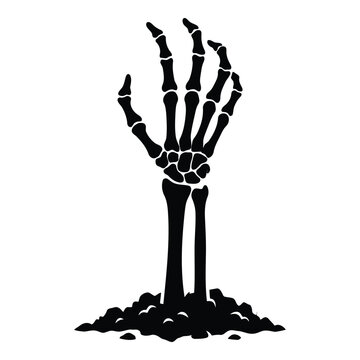 Skeleton hand emerging from dark soil or ground illustration