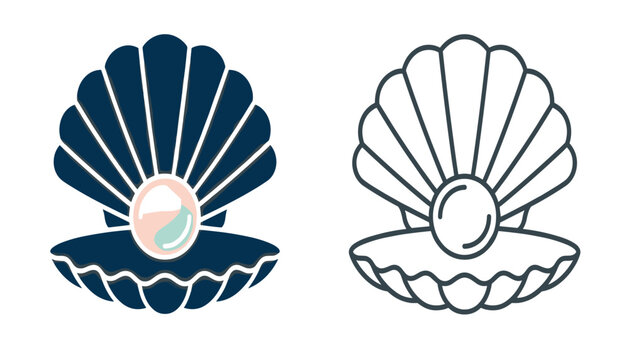 Open seashell with shiny pearl vector illustration set . Minimalist ocean clam symbols, navy blue silhouette and line outline graphics, isolated marine luxury elements .