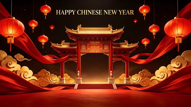 Happy Chinese New Year Temple Gate with Red Lanterns Background
