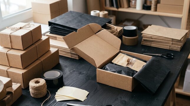 Cardboard shipping boxes on black wooden desk, eco-friendly packaging materials for small business, craft paper parcel delivery supplies