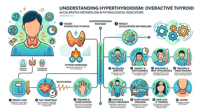 Hyperthyroidism Infographic on Overactive Thyroid Symptoms and Cause