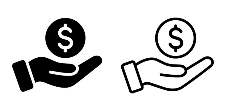 Financial support icon set with hand holding dollar coin in solid and outline styles, representing payment, donation, investment, income, funding, banking, savings, charity, and money assistance