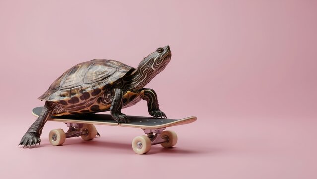A cool turtle riding a skateboard on a solid pink background