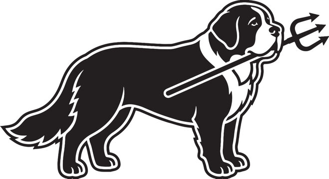 Black silhouette saint bernard dog with devil pitchfork vector illustration