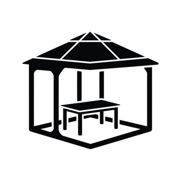 Garden gazebo pavilion with table inside black vector icon.