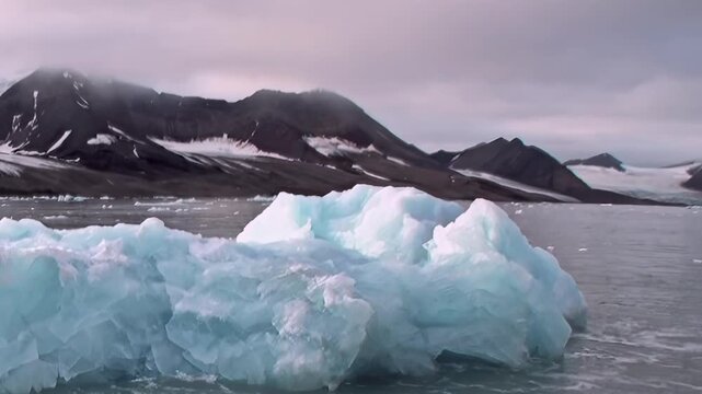 A blue iceberg floats on cold water beneath rugged mountain slopes. The image retains close framing and jagged ice as secondary detail, while light and texture shape the wider scene.