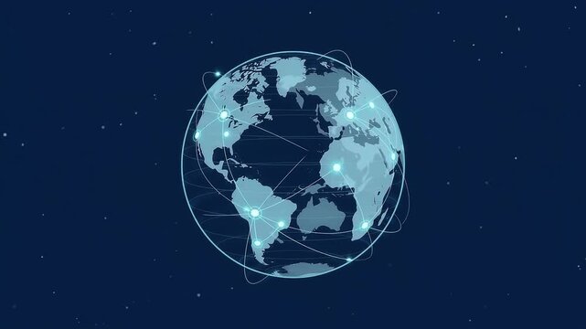 2D flat animation of spinning planet earth with global network connections and glowing nodes