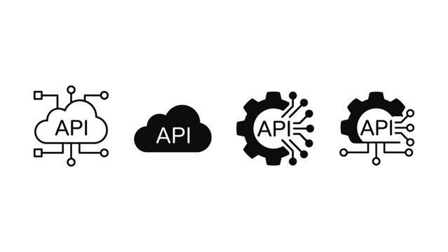 Set of api application programming interface icons with cloud and gear symbols for software development concepts