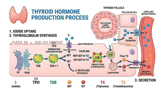 Thyroid Hormone Production Process Diagram Showing Synthesis Pathways