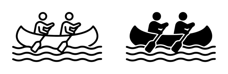 Canoe Paddling Icons: Two People Rowing in Water, Outline and Solid Styles, Vector Graphics for Outdoor Recreation and Adventure Themes © Riaz