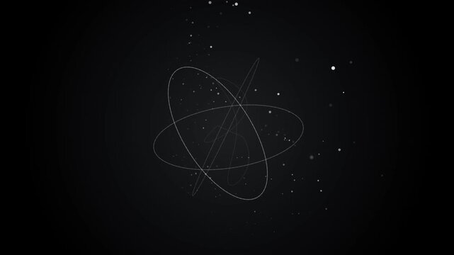 Abstract atom model with orbiting particles and glowing energy rings on dark background, science physics