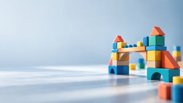 Colorful Educational Building Block Bridge with Creative Learning Concept and Copy Space