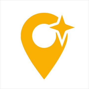 Yellow map location pin icon with a sparkling star symbol