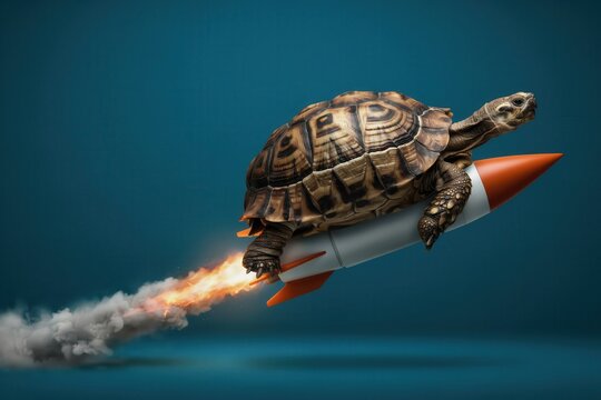 A tortoise riding a rocket against a blue background