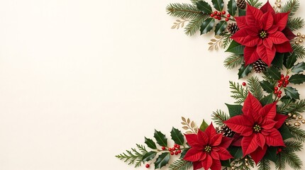 Fototapeta premium Festive christmas border featuring vibrant red poinsettia flowers and green holly leaves on a clean white background