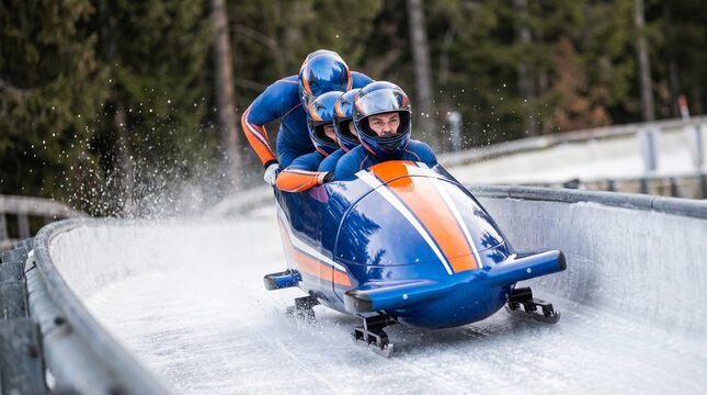 Bobsled team speeding down track, athletes racing in blue bobsled on winter ice track outdoors  