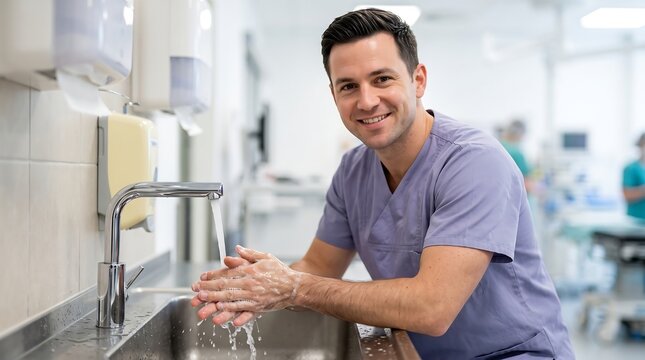 A smiling male healthcare professional in scrubs washing his hands at a sink in a hospital setting, practicing good hygiene.
