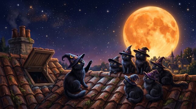 Cute black cats wearing witch hats sitting on a tiled rooftop under a glowing full moon on Halloween night