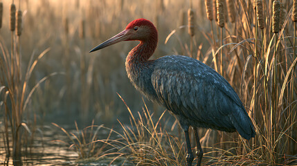 Fototapeta premium A red headed wading bird stands amongst golden cattails in a wetland scene