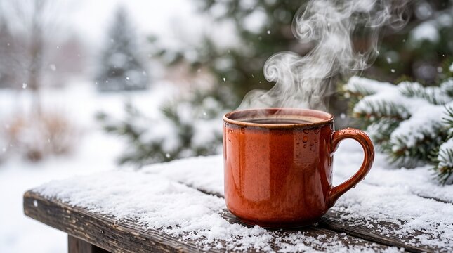 steaming mug on a snowy day, Steaming coffee mug on snowy wooden bench outdoors in winter