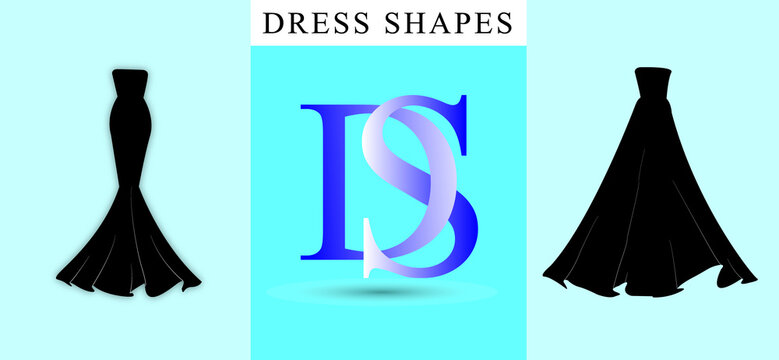 Modern Fashion Vector Composition Featuring Black Silhouette Evening Dress Shapes and Blue-Purple Gradient DS Monogram Logo