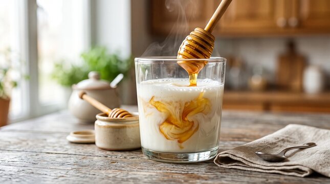 warm milk with honey in glass, Honey being drizzled into a glass of milk on a rustic kitchen table  