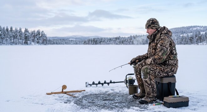 Ice fisherman in camouflage gear