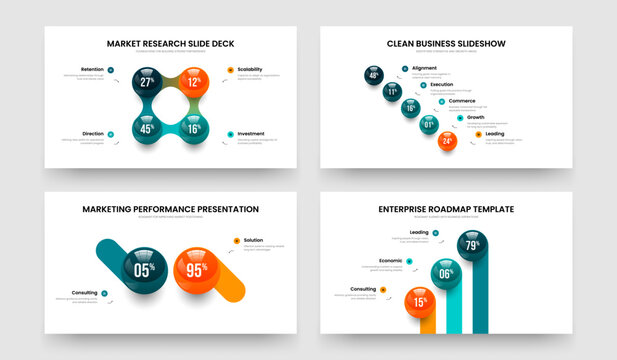 Sales Report Four Five Two Three Option Chart Slideshow Design Vector Illustration Bundle. Colorful Overview 4 5 2 3 Step Diagram Slide Layout Set.