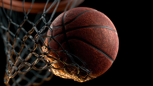 Basketball scoring a goal through a net dramatic lighting