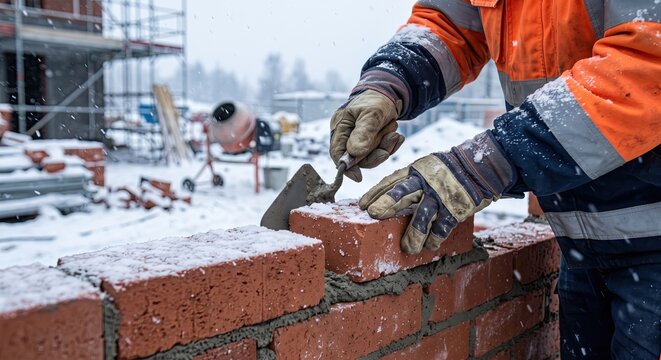 Worker laying bricks in snow